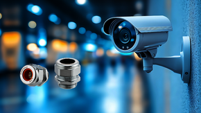 Graphic of EMC Cable Glands by AMPHENOL LTW and a security camera.