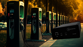 Graphic of the V2G Simulator by SEVENSTAX and charging stations.