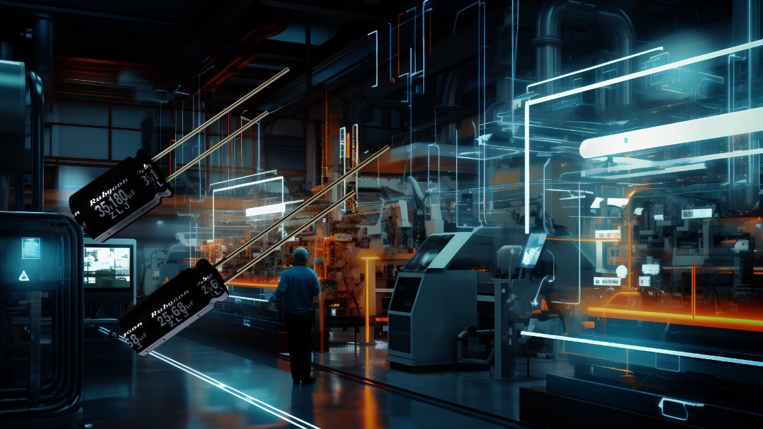 Graphic of Radial Electrolytic Capacitors by RUBYCON and a fabric.
